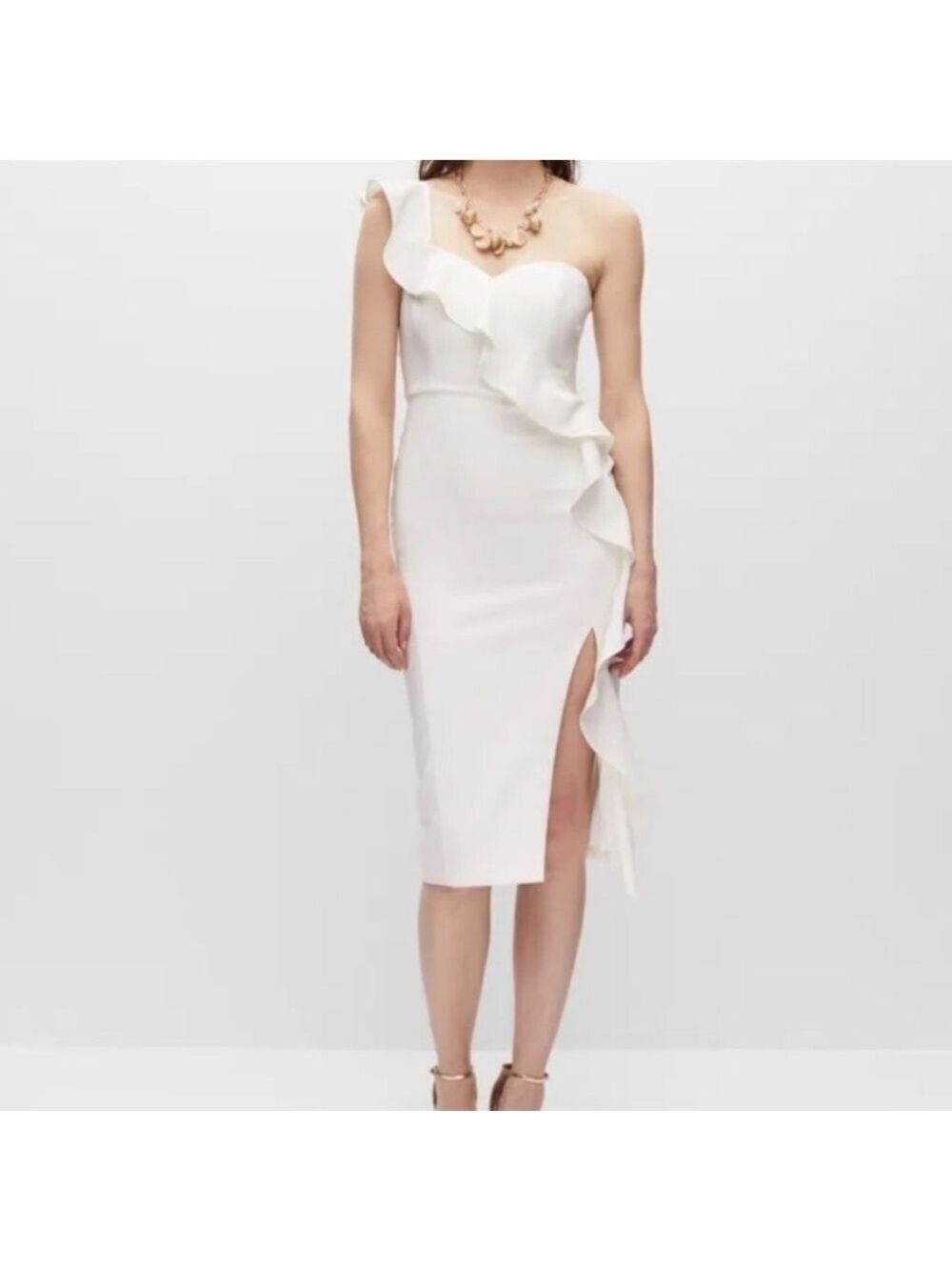 Aidan Mattox NWT Asymmetrical Ruffle One Shoulder Leg Slit Dress Ivory Size 10